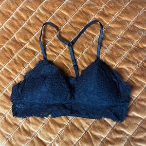 Aerie Black Floral Eyelash Lace Bralette Racerback T-Strap Padded XS